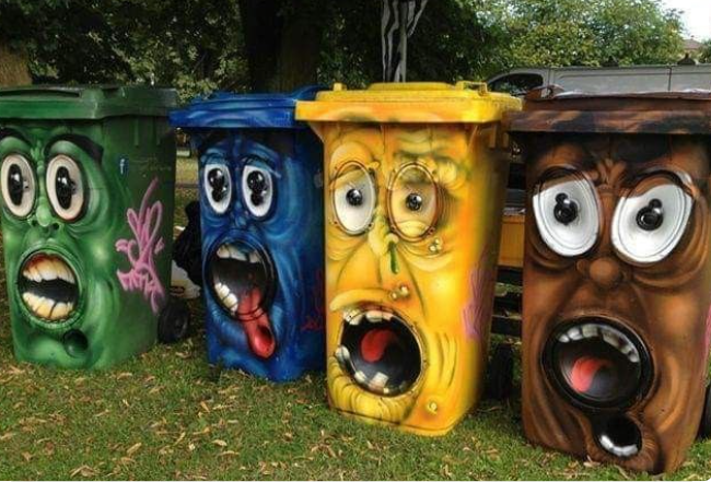row of trash in the cut Decorative Garbage Cans Outside